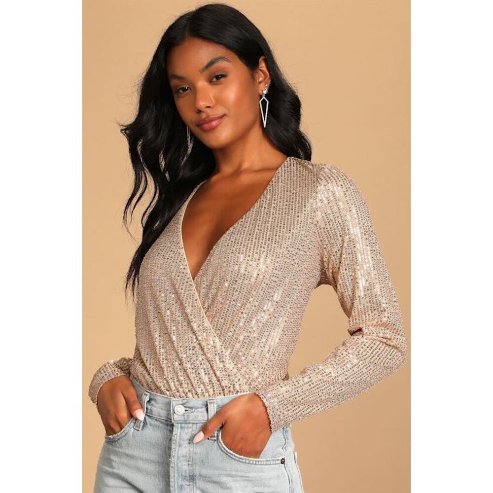 Lulus Stunning Forever Rose Gold Sequin Long Sleeve Surplice Bodysuit - Size L